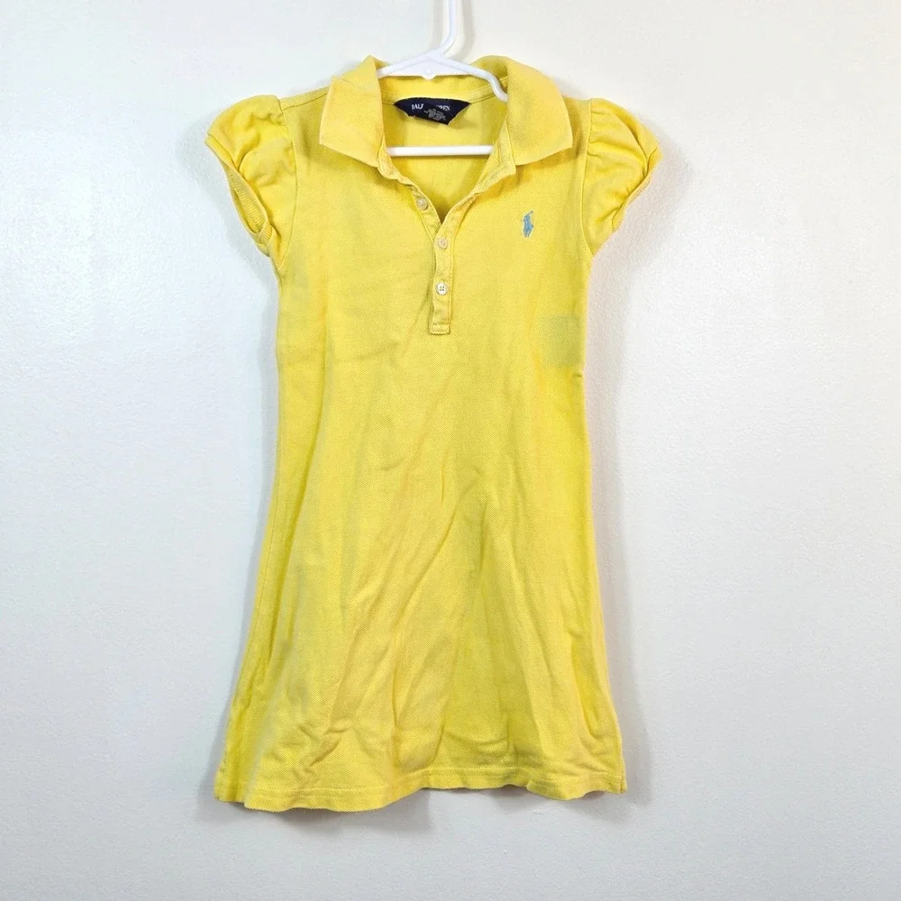 Ralph Lauren Girls Yellow Short Cap Sleeve Cotton Mesh Preppy Pique Polo Dress 5